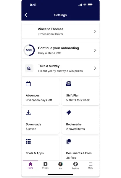 Mobile app settings screen showing user profile, onboarding progress, survey prompt, and options for absences, shift plan, downloads, and more.