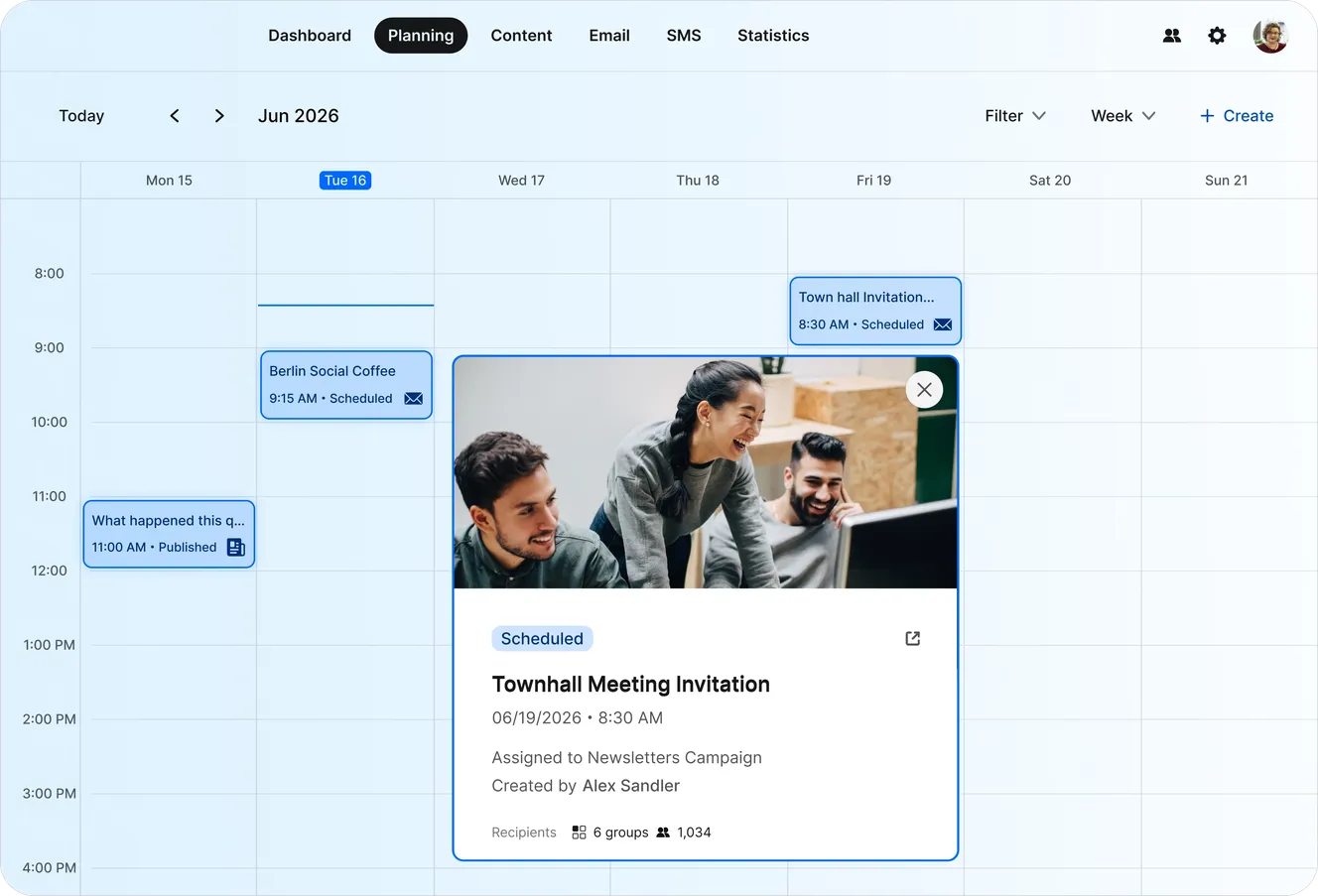 Staffbase Planning calendar in week view showing a scheduled Townhall Meeting Invitation email with recipient details.