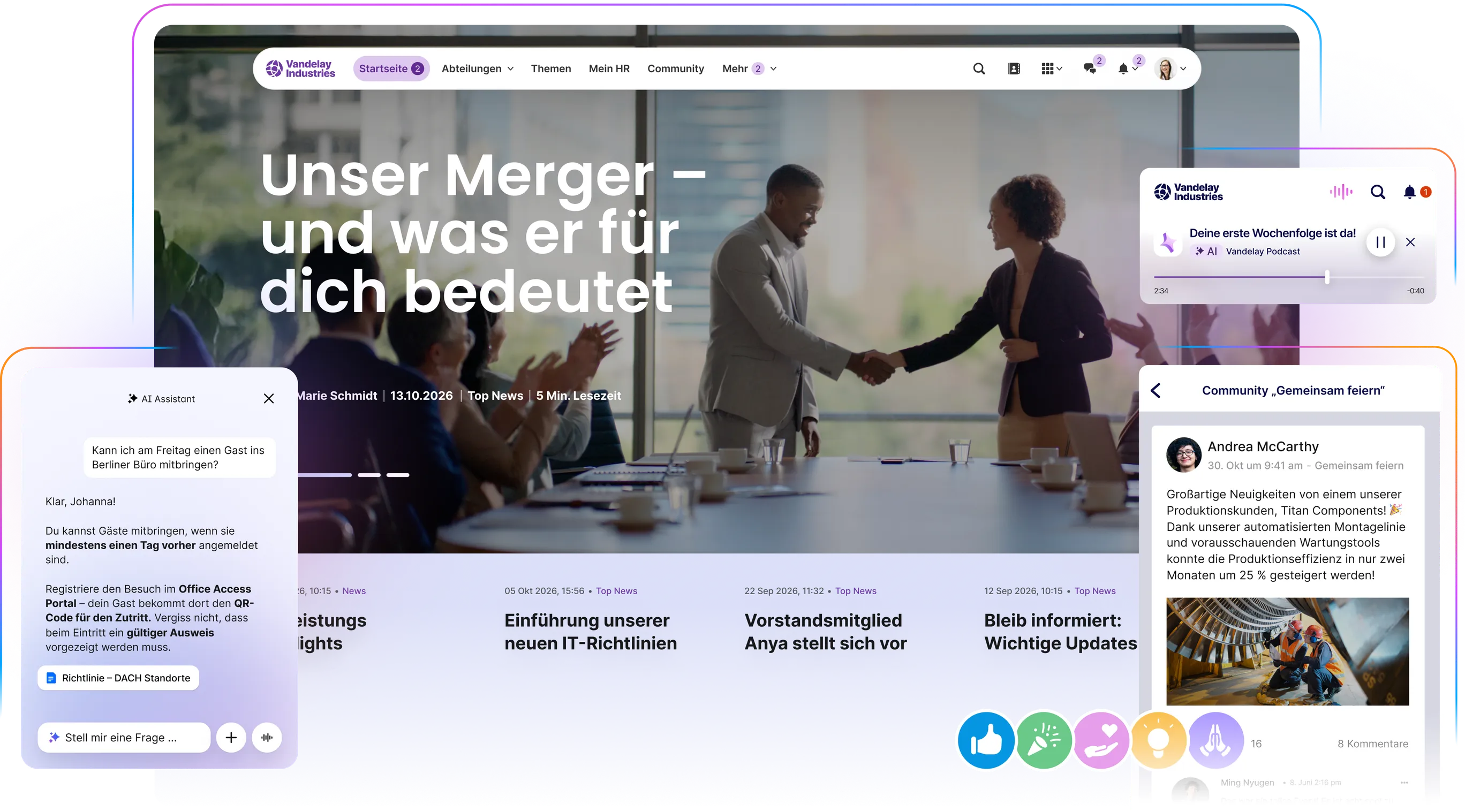Desktop-Ansicht des Mitarbeiter-Intranets von Vandelay Industries. Die Startseite zeigt die Schlagzeile "Unser Merger – und was er für dich bedeutet" über einem Bild von zwei Geschäftsleuten, die sich die Hand geben. Links ist ein Pop-up des "AI Assistant" sichtbar, der eine Frage zu Gästeanmeldungen beantwortet. Rechts unten sind aktuelle Posts aus dem Newsfeed zu sehen ("Bleib informiert: Wichtige Updates") und rechts oben ein Widget für den "Vandelay Podcast" ("Deine erste Wochenfolge ist da!").