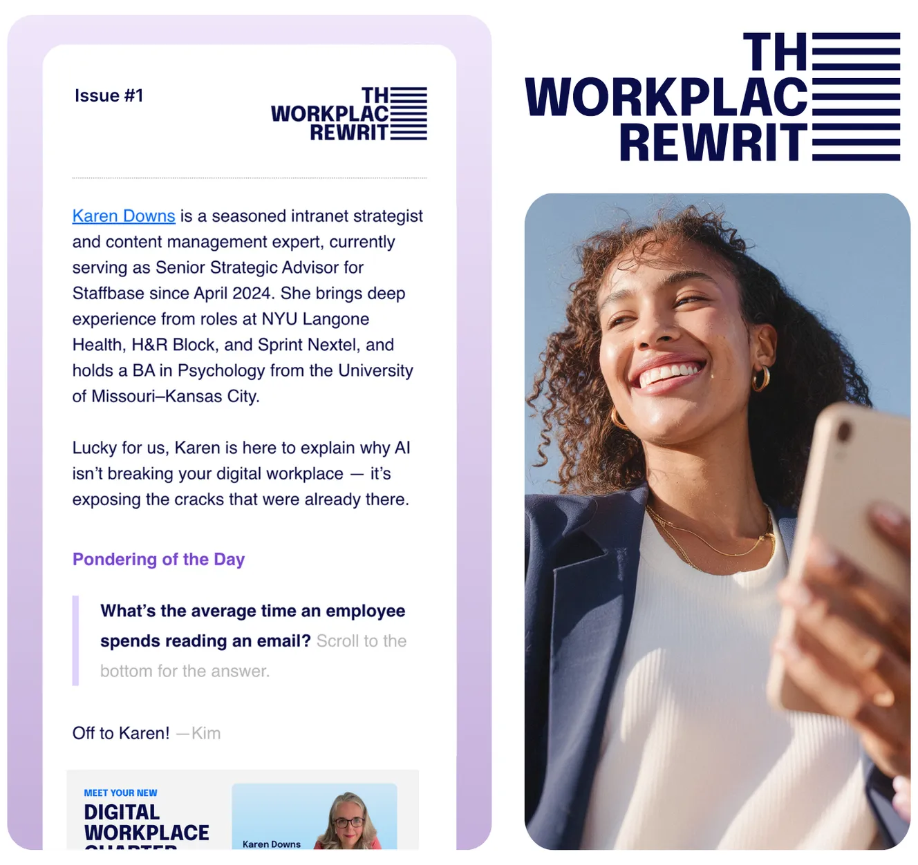Smiling woman next to a digital newsletter titled "The Workplace Rewrit," featuring an expert's bio and a question about email reading time.