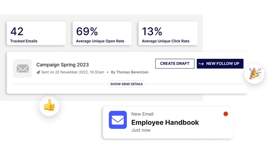Dashboard showing email campaign stats: 42 tracked, 69% open rate, 13% click rate. Includes email draft options and a new email alert for "Employee Handbook."