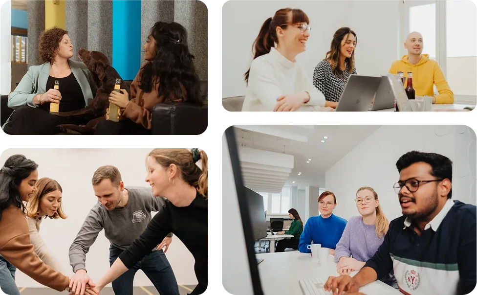 Collage of Staffbase team moments including colleagues chatting by a screen, a glass board planning session, an employee with a headset, and an employee smiling at his desk.