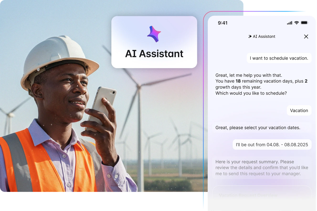 Frontline worker in a hard hat and high-vis vest speaks into a smartphone in front of wind turbines, alongside a mobile AI Assistant chat screen about scheduling vacation.