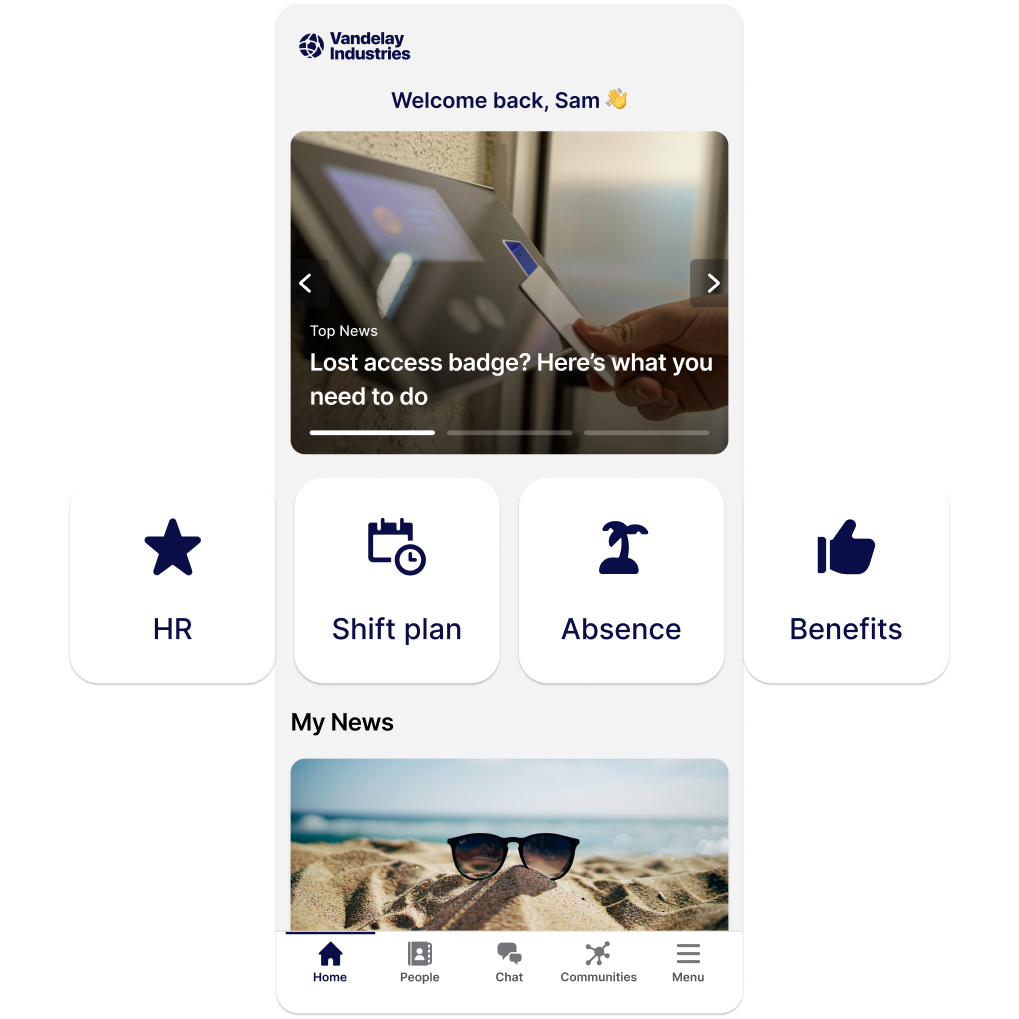 Mobile app interface showing welcome message, news articles, and navigation icons for HR, shift plan, absence, and benefits.