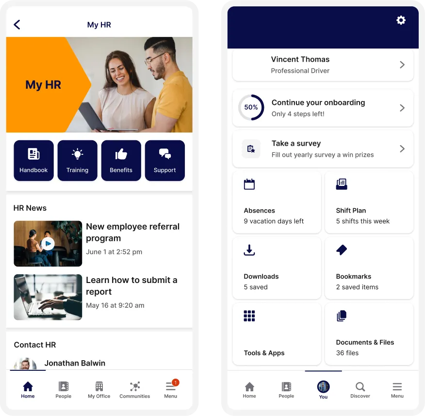 Two mobile app screens showing HR features: news, contact info, tasks, and tools. Includes sections for training, benefits, and surveys.