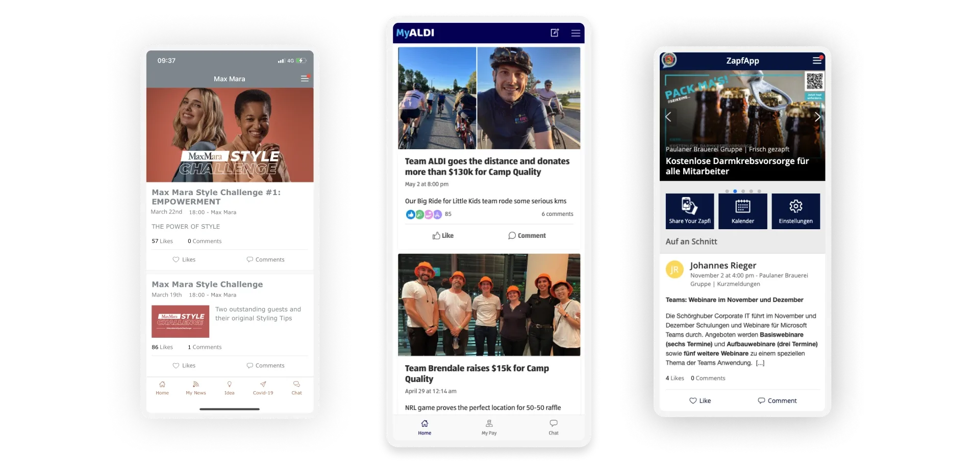 Three mobile app screens side by side showcasing different events and announcements from Max Mara, MyALDI, and ZapfApp.