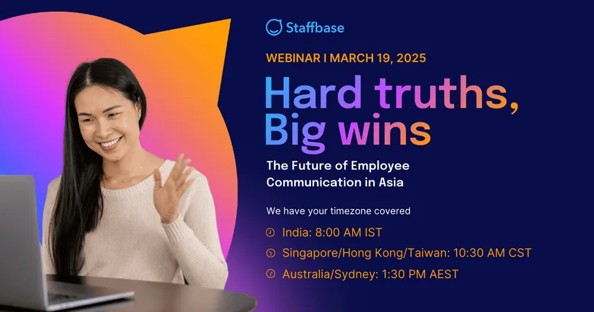 Woman smiling and gesturing during a video call; text details a webinar on employee communication in Asia, scheduled for March 19, 2025.