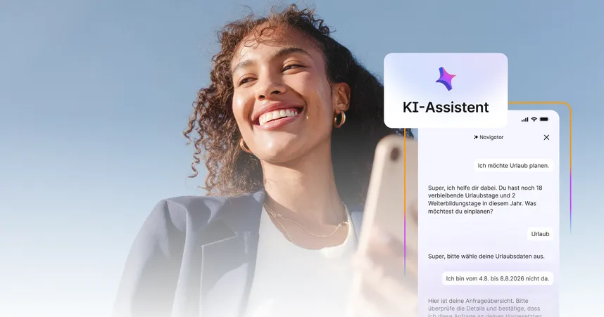 employee onboarding AI-native intranet title image featuring smiling woman and phone features