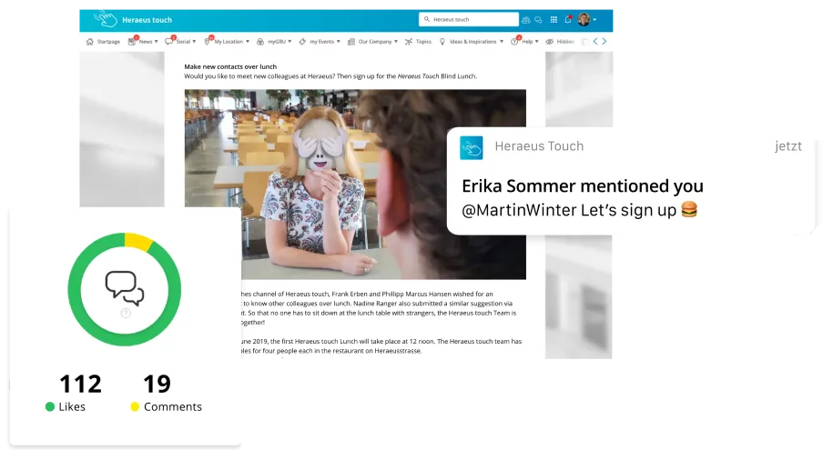 A person wearing a mask sits at a table in a cafeteria. A notification shows a message about signing up, with 112 likes and 19 comments.