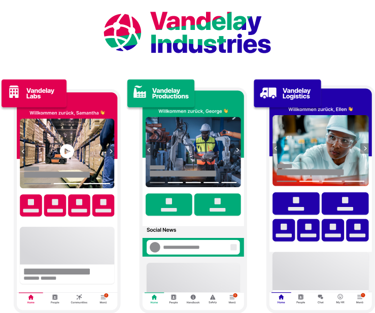 Three colorful app screens for Vandelay Industries: Labs, Productions, and Logistics, each welcoming a user with industry-specific images.