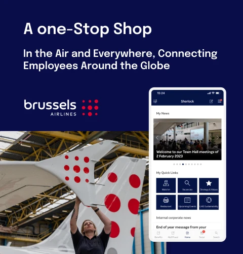 Brussels Airlines promotional image featuring a mobile app interface, an airplane tail with red dots, and a person raising arms in a hangar.