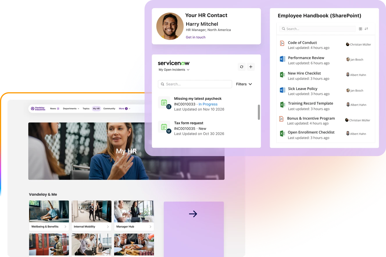 A digital dashboard displaying HR contacts, employee handbook links, and service tickets on a colorful, abstract background.