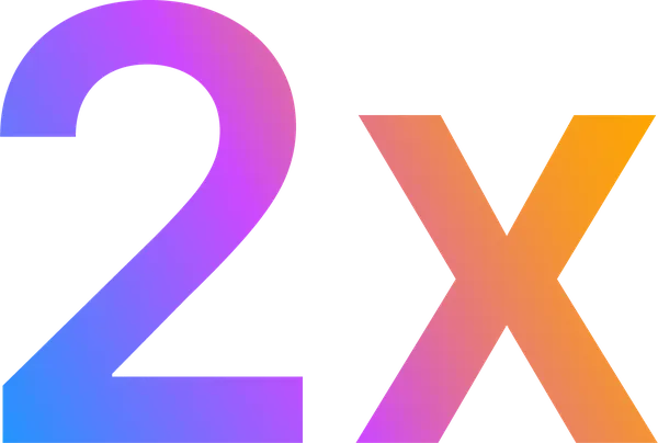 The image shows "2X" in a gradient color, transitioning from purple to orange.