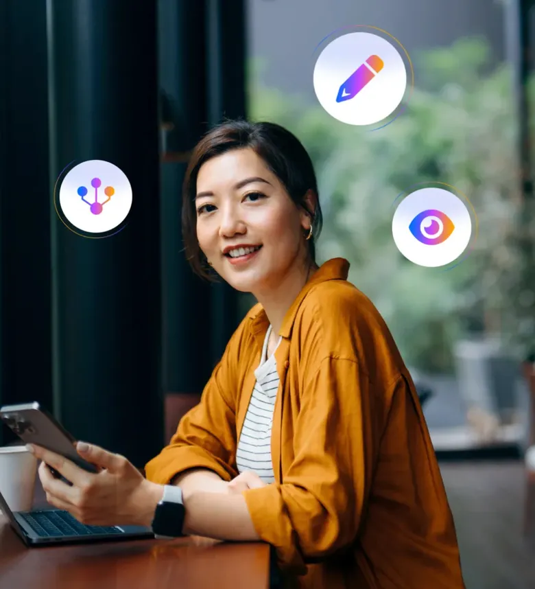 A woman smiling at camera, featuring icons