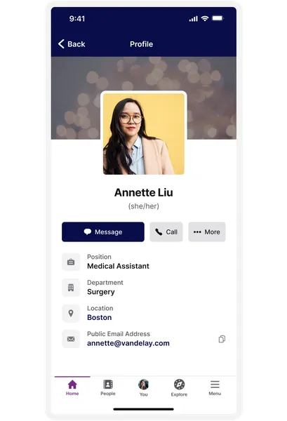 Profile page displaying a woman with glasses and long hair. Details include name, pronouns, position, department, location, and email.