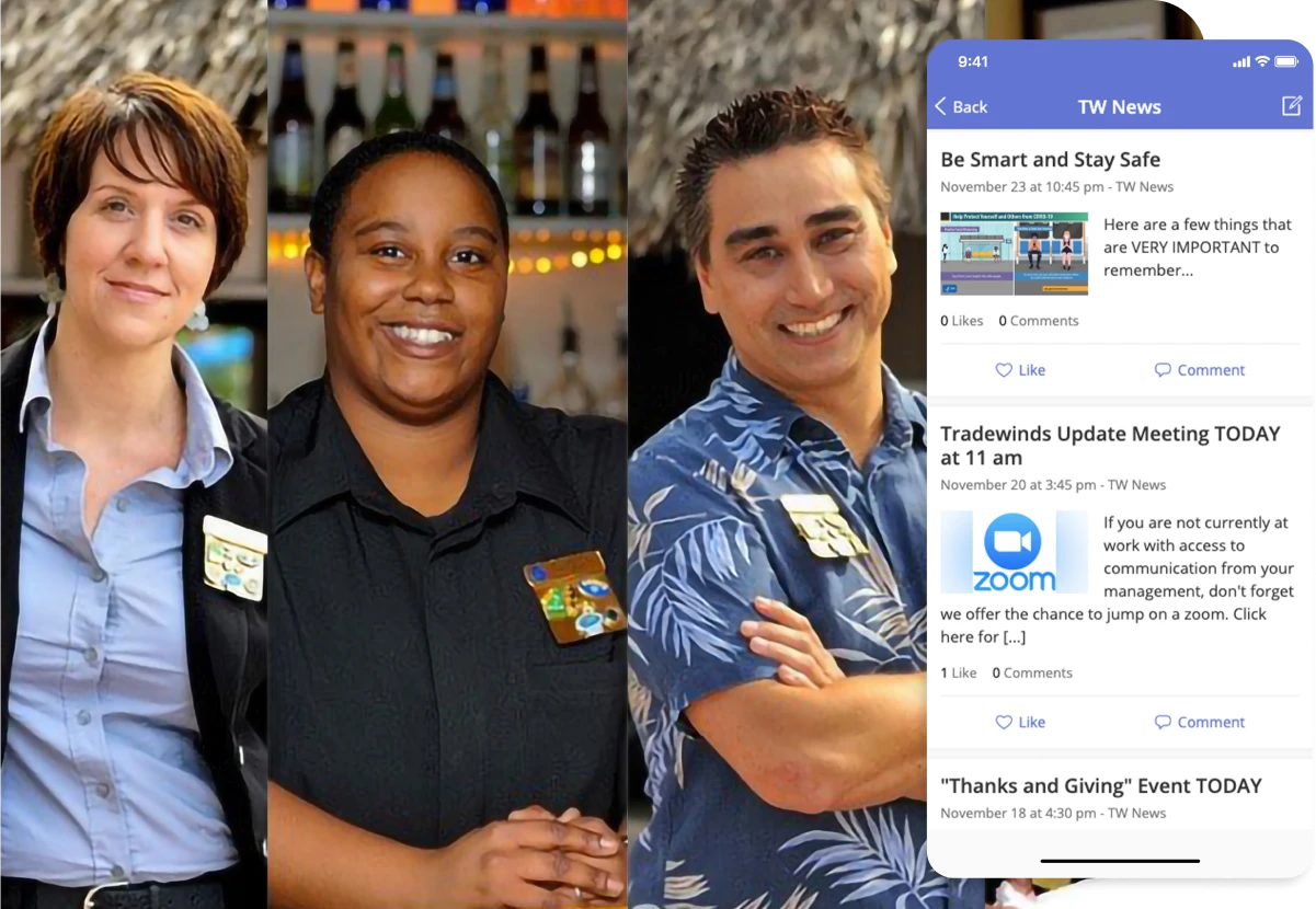 Three people smiling, standing side by side in uniforms. A smartphone screen displays a news app with various updates and events.