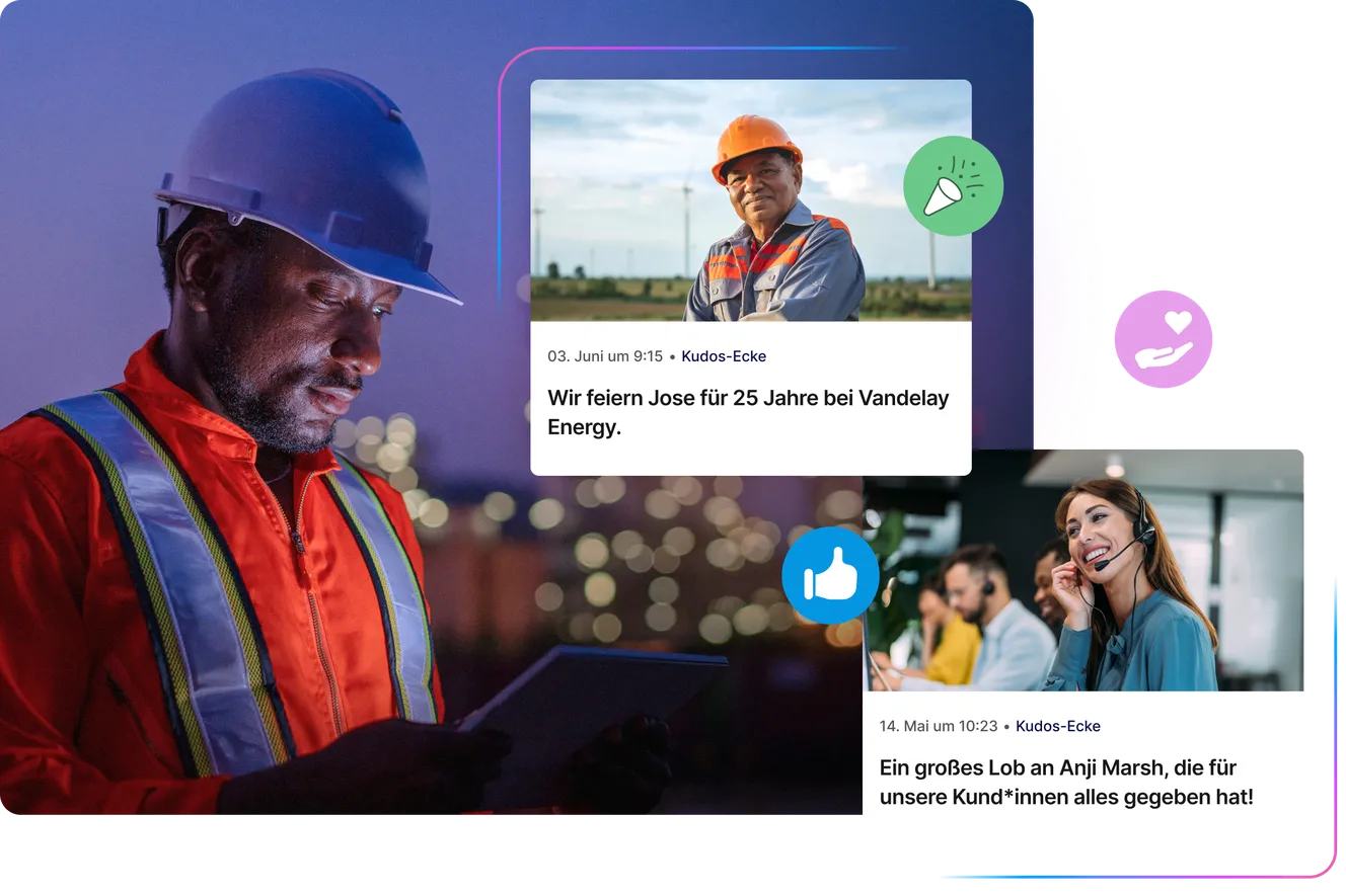 Mitarbeiter im Außeneinsatz mit Schutzhelm nutzt ein Tablet bei Dämmerung; daneben Kacheln aus einer internen Plattform mit Beiträgen zur Mitarbeiteranerkennung, darunter ein Jubiläumspost und ein Dankeschön für besondere Leistungen, ergänzt durch Like- und Anerkennungs-Symbole.