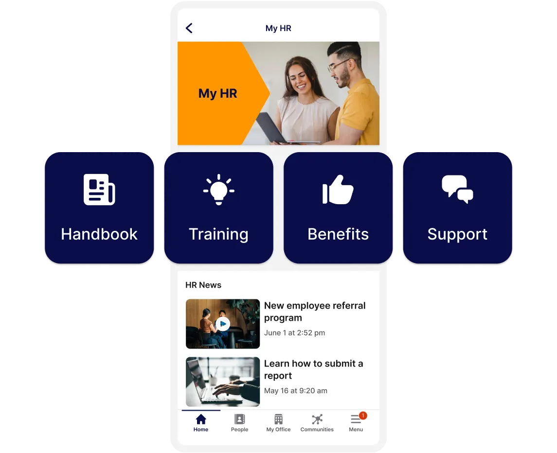 Mobile app interface showing HR resources: Handbook, Training, Benefits, Support. Includes HR news updates and a smiling man and woman on screen.