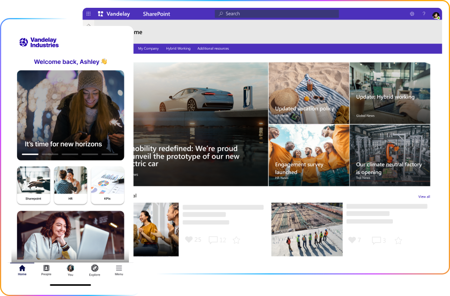 A digital dashboard displaying a welcome message, news articles, and a navigation menu with images of people and a car.