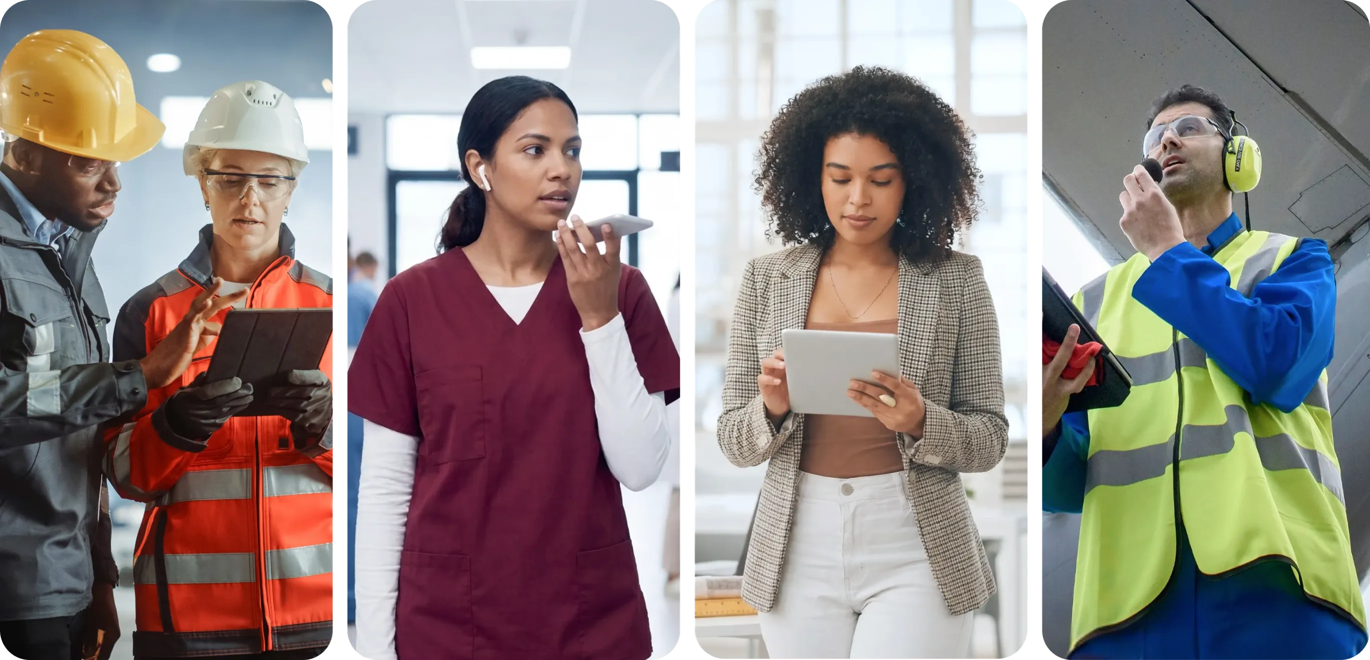 A four-panel collage of frontline and deskless workers using mobile devices on the job: two construction workers in hard hats and high-visibility vests reviewing a tablet together; a healthcare worker in scrubs speaking into a smartphone using voice input; a professional woman in a blazer reading from a tablet; and a field worker in a high-vis vest and ear protection using a walkie-talkie.
