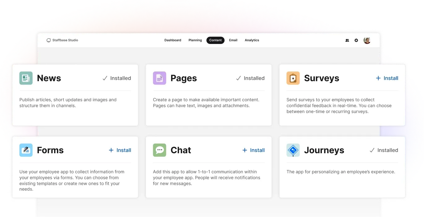 Dashboard interface showing six app options: News, Pages, Surveys, Forms, Chat, and Journeys, with install and status indicators.