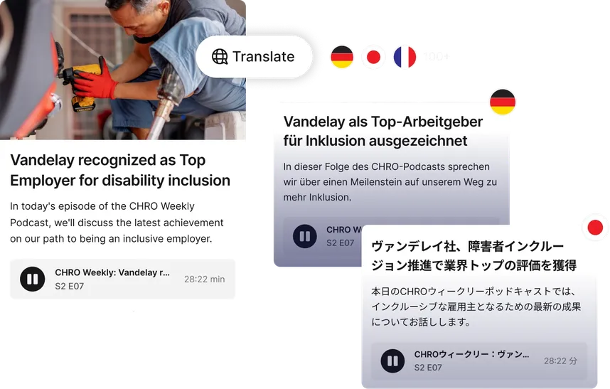 Collage showing a podcast interface with translation options and an image of a person working with tools. Text highlights inclusion achievements.