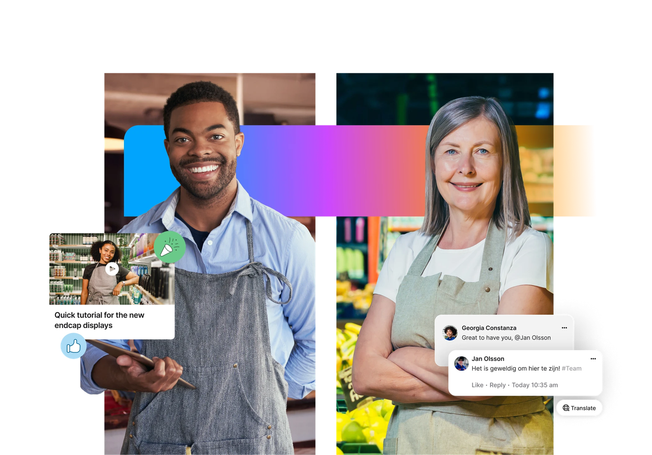 Two people wearing aprons, standing side by side. The person on the left holds a tablet with an overlay of a video tutorial titled