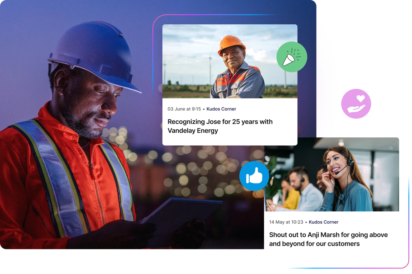 Night-shift worker in a hard hat and reflective gear uses a tablet, with employee recognition ‘Kudos Corner’ posts and reaction icons overlaid.