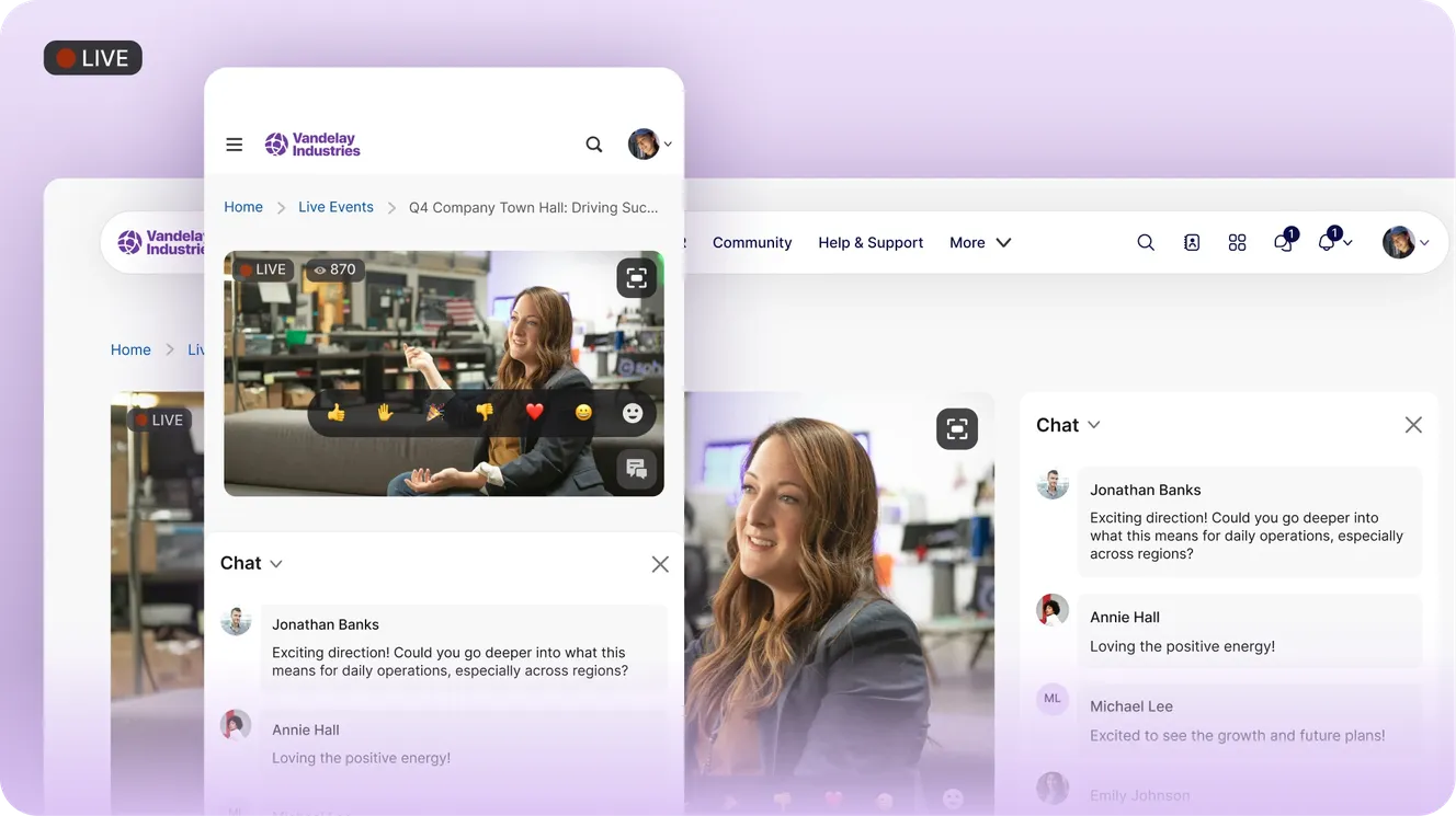 An intranet showing a live company town hall stream with a real-time chat and reaction emojis.