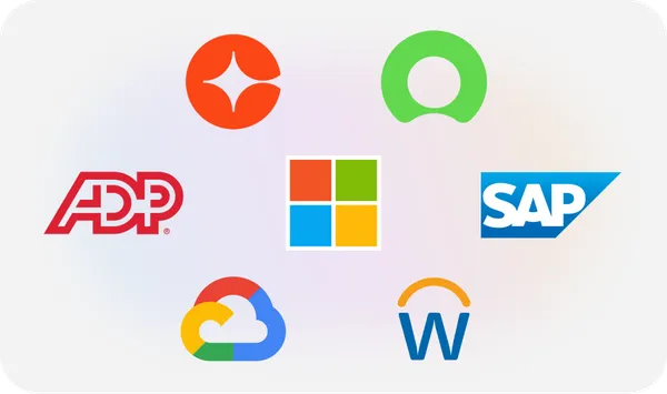Logos of Microsoft, ADP, SAP, Workday, Google Cloud, Cornerstone, and ServiceNow arranged in a circular pattern on a light background.