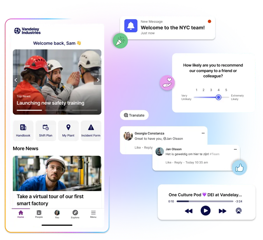 Mobile app interface showing safety training news, user comments, and feedback options, with a colorful background and notification icons.