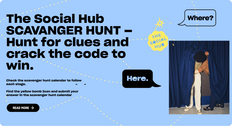 Promotional image for "The Social Hub Scavenger Hunt" with text and a photo of two people posing against a blue curtain.
