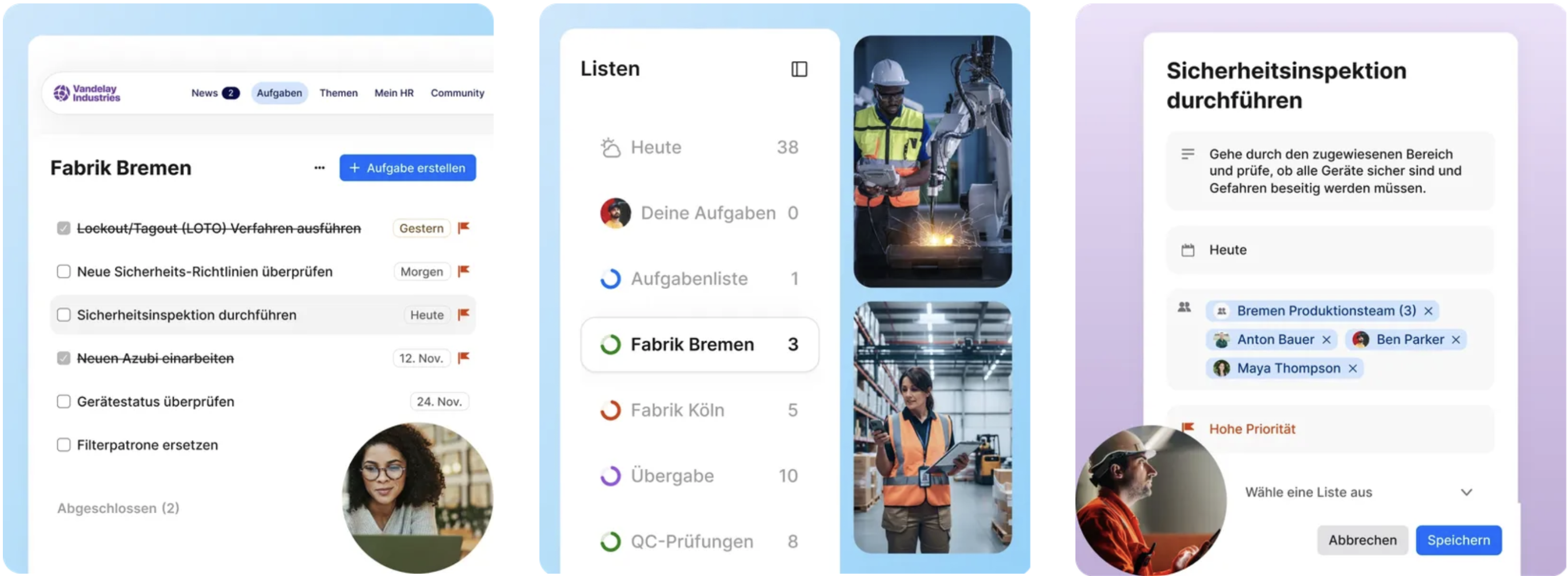Dreiteilige Grafik zur Aufgabenverwaltung in einer Mitarbeiter-App. Links ist eine Aufgabenliste für „Fabrik Bremen“ mit Aufgaben wie Sicherheitsrichtlinien prüfen oder Sicherheitsinspektion durchführen. In der Mitte sieht man eine Übersicht verschiedener Aufgabenlisten mit Statusanzeigen für Standorte wie Bremen und Köln sowie Fotos von Mitarbeitenden in Produktionsumgebungen. Rechts wird ein Detailformular zum Erstellen oder Bearbeiten einer Aufgabe „Sicherheitsinspektion durchführen“ mit Datum, Teamzuweisung und Priorität angezeigt.