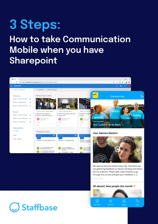 Two digital screens displaying SharePoint and a mobile app, with text: "3 Steps: How to take Communication Mobile when you have SharePoint."