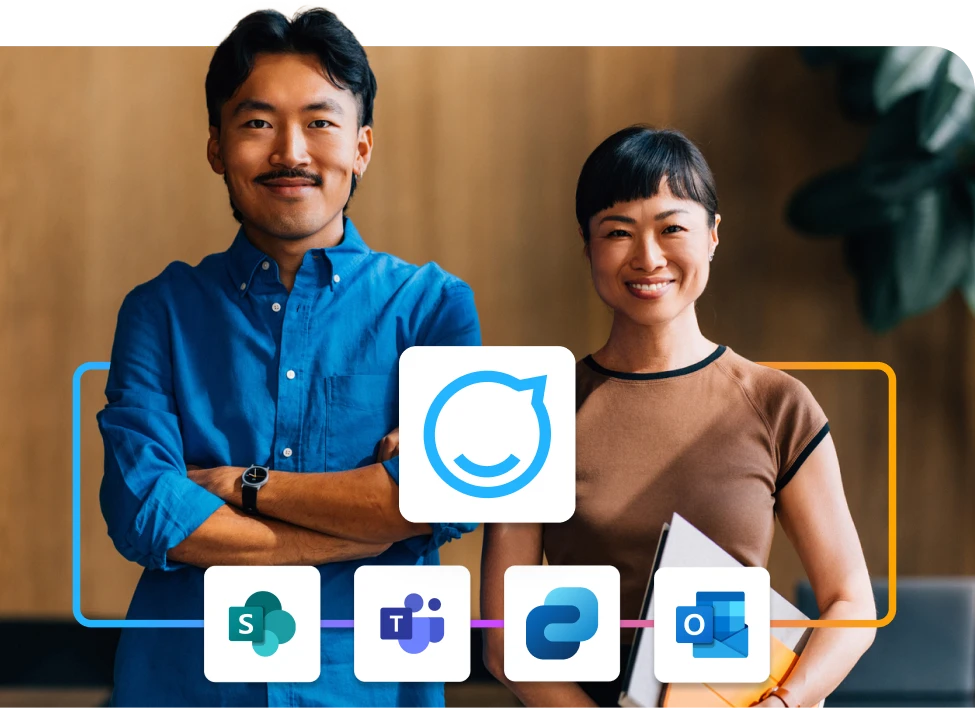 Two people smiling, standing behind digital icons of collaboration tools, including SharePoint, Teams, and Outlook, on a blurred background.