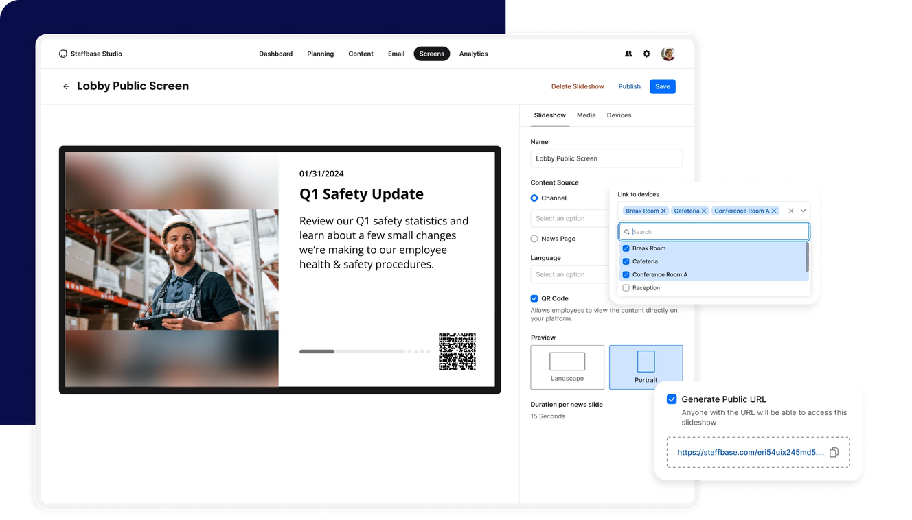 A digital interface displaying a safety update with a worker's photo, content settings, and options to share via email or public URL.
