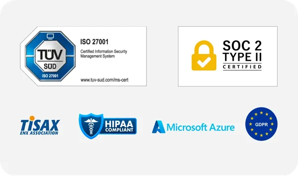 Certification logos: ISO 27001, SOC 2 Type II, TISAX, HIPAA Compliant, Microsoft Azure, GDPR.