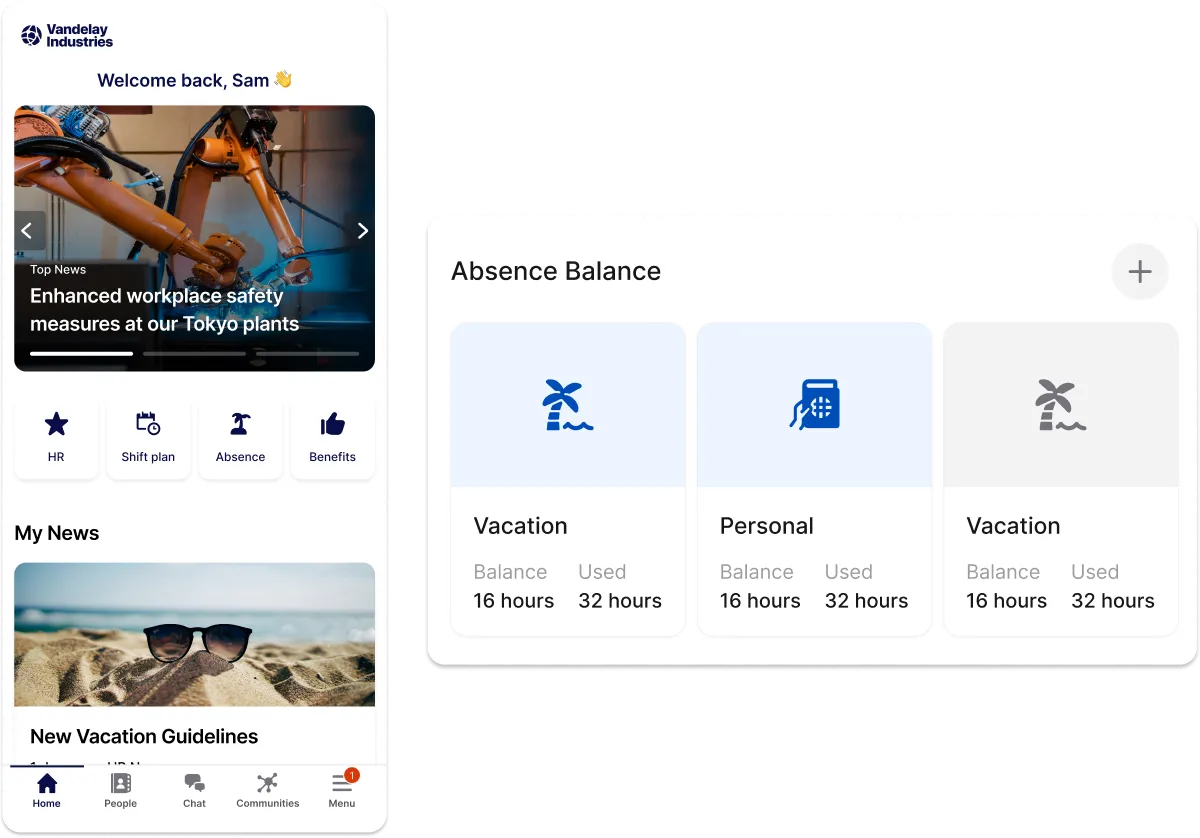 Mobile app interface showing workplace news, absence balance with vacation details, and navigation icons for HR, benefits, and more.