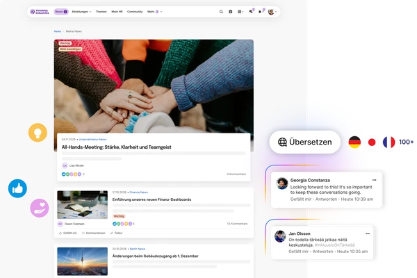 Desktop-Ansicht des News-Feeds einer Mitarbeiter-Plattform. Der Feed zeigt Nachrichten wie "All-Hands-Meeting: Stärke, Klarheit und Teamgeist" und "Einführung unseres neuen Finanz-Dashboards". Rechts sind zwei Widgets für die Übersetzung von Inhalten ("Übersetzen" in 100+ Sprachen) und für Kommentare in verschiedenen Sprachen (Englisch und Finnisch) zu sehen, was die Mehrsprachigkeit hervorhebt.