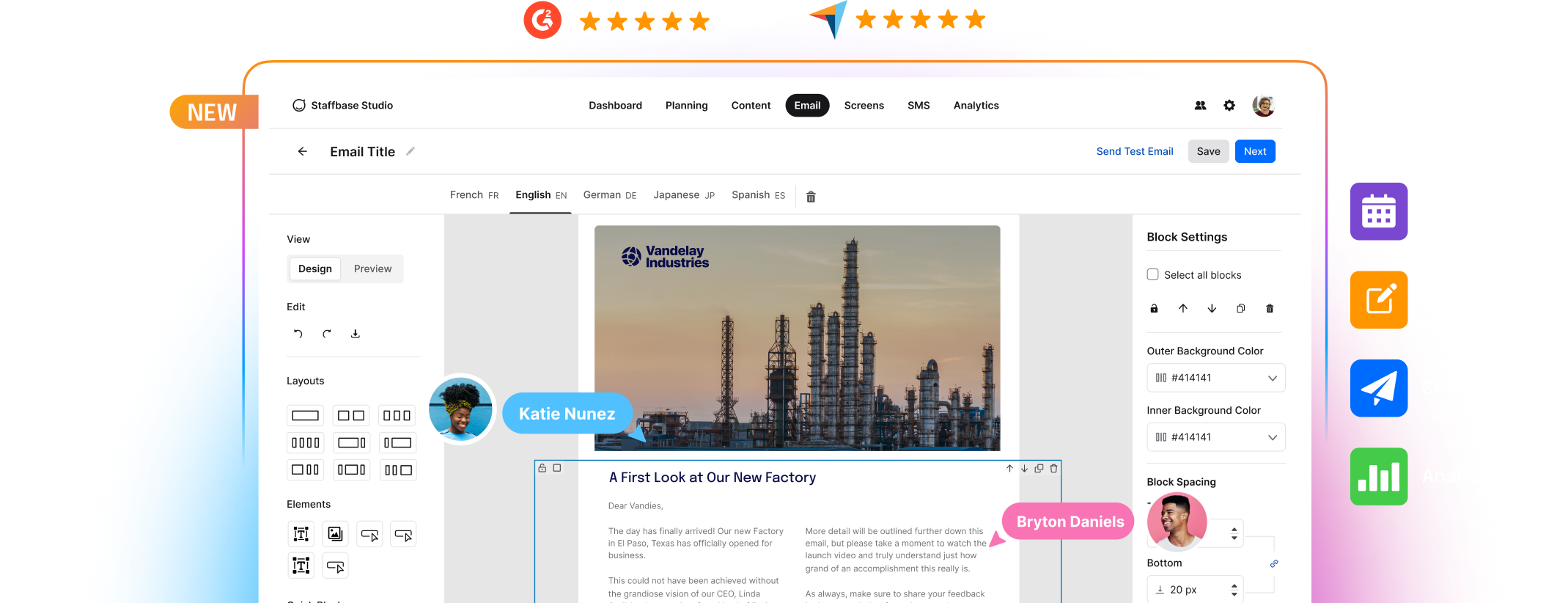 Email design software interface showing a factory-themed email template with customization options on the right panel.