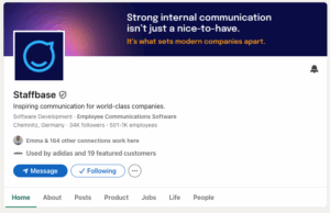 LinkedIn company page for Staffbase showing profile, follower stats, and navigation tabs