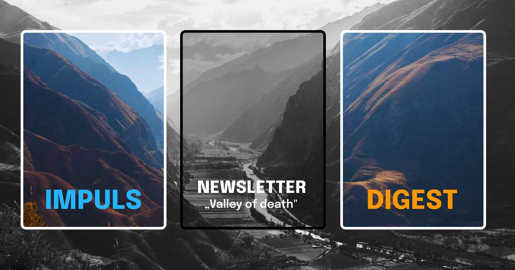 Drei nebeneinander angeordnete, gerahmte Berglandschaft-Bilder. Links steht ‚IMPULS‘, in der Mitte ‚NEWSLETTER – Valley of death‘ und rechts ‚DIGEST‘. Die Grafik stellt verschiedene Newsletter-Formate oder Content-Typen dar.