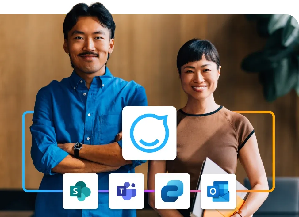 Two people smiling, standing behind digital icons of collaboration tools, including SharePoint, Teams, and Outlook, on a blurred background.