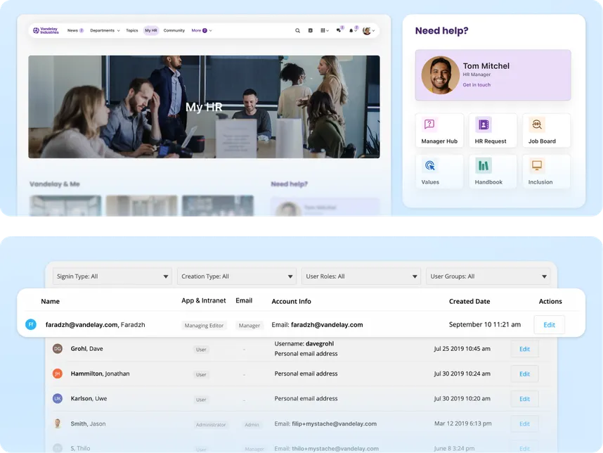 Screenshot of an HR software interface with user accounts, profile details, and navigation options for support and requests.