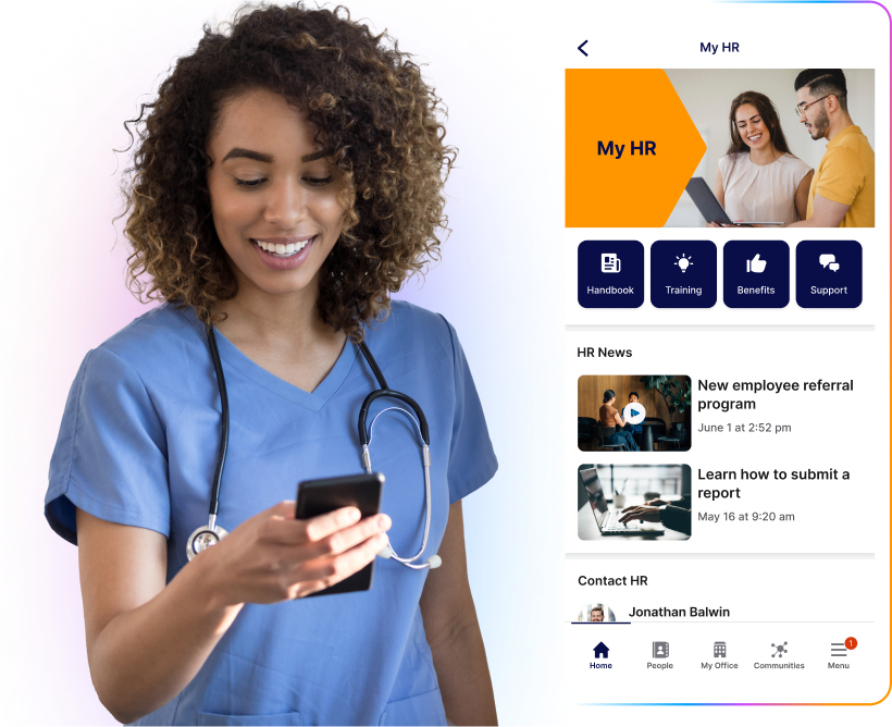 Smiling healthcare professional in scrubs checks phone; HR app interface with news and contact options displayed beside her.