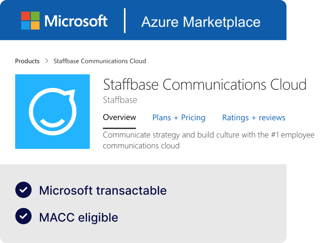 Azure Marketplace listing for Staffbase Communications Cloud, highlighting features like strategy communication and culture building.
