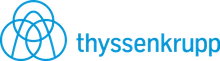 Thyssenkrupp logo with three interlocking blue arcs forming a triangular shape, followed by the company name in lowercase blue letters.