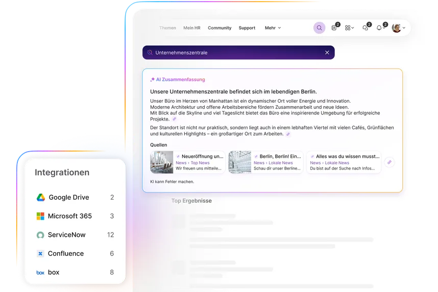 Darstellung der intelligenten Suchfunktion der Plattform. Nach Eingabe von "Unternehmenszentrale" liefert eine "AI Zusammenfassung" Informationen zum Standort Berlin. Darunter sind Quell-Artikel ("Neueröffnung un...", "Berlin, Berlin! Ein...", "Alles was du wissen musst...") aufgeführt. Links unten listet ein Widget "Integrationen" wie Google Drive, Microsoft 365, ServiceNow, Confluence und box auf.