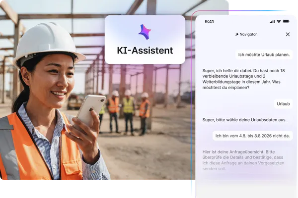 Bauarbeiterin nutzt einen KI-Assistenten auf dem Smartphone zur Urlaubsplanung.