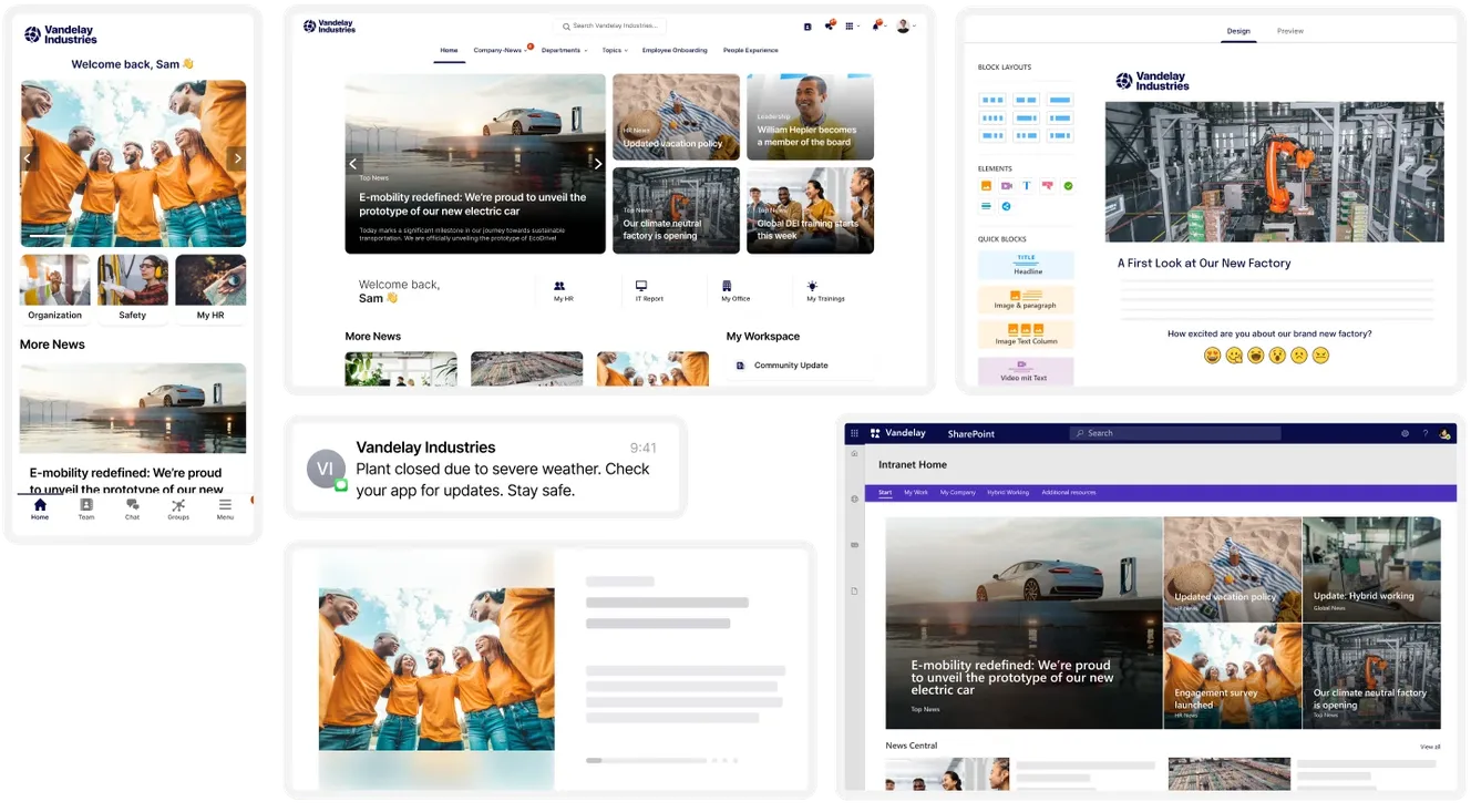 Collage of various corporate dashboard interfaces displaying news, updates, and a team photo of people in orange jackets.